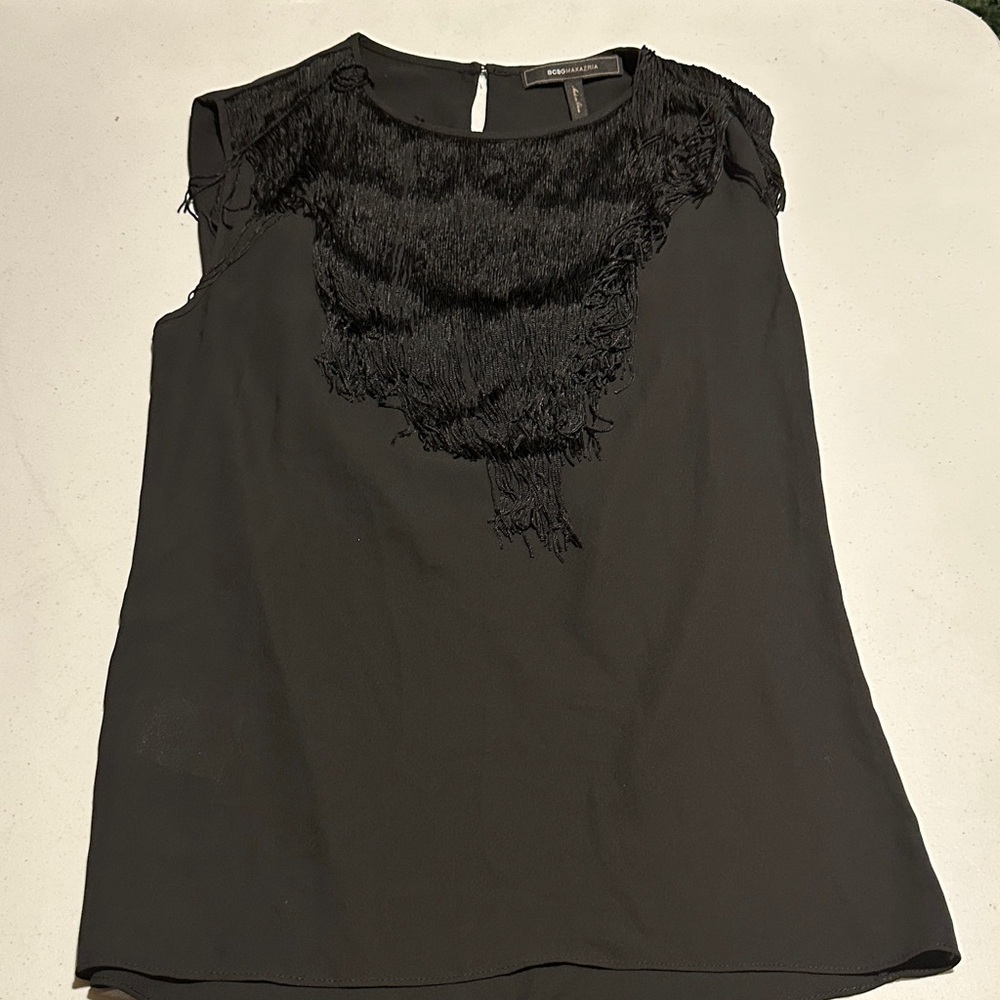 BCBG Black Fringe Tank Top Blouse size XS